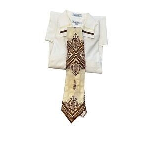 Daniel Ellissa Mens Dress Shirt 17 1/2 34 35 Cream Brown‎ Patterned Collar w/Tie